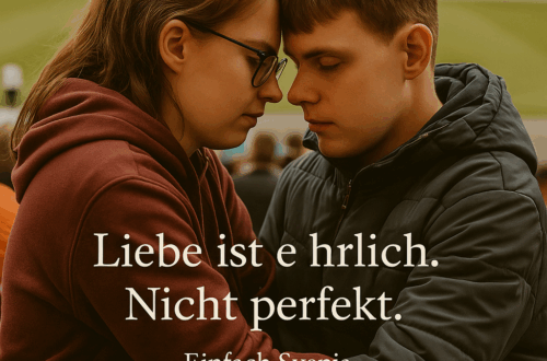 Ein junges Paar mit Behinderung sitzt eng beieinander im Stadion. Beide berühren sich an Stirn und Händen, mit geschlossenen Augen – ein stiller Moment inniger Nähe. Auf dem Bild steht der Satz: „Liebe ist ehrlich. Nicht perfekt. – Einfach Svenja –"