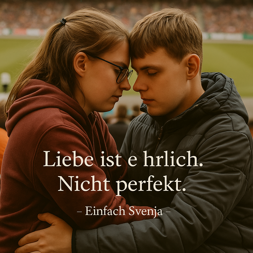 Ein junges Paar mit Behinderung sitzt eng beieinander im Stadion. Beide berühren sich an Stirn und Händen, mit geschlossenen Augen – ein stiller Moment inniger Nähe. Auf dem Bild steht der Satz: „Liebe ist ehrlich. Nicht perfekt. – Einfach Svenja –"