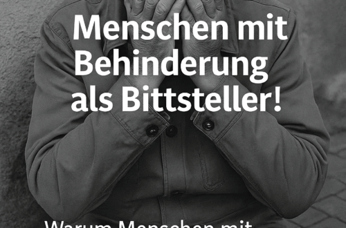Schwarz-weiß-Foto einer nachdenklich wirkenden Person auf einer Bank, mit überlagertem Text: „Menschen mit Behinderung als Bittsteller! Warum Menschen mit Behinderung und Pflegende sich so oft entwürdigend behandelt fühlen.“