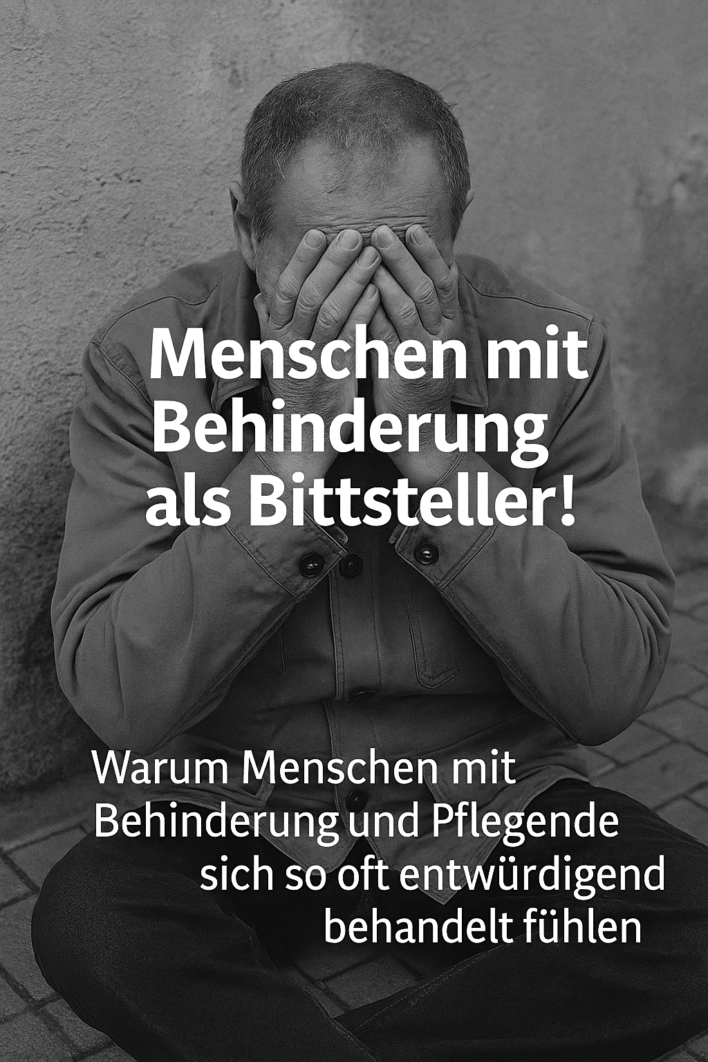 Schwarz-weiß-Foto einer nachdenklich wirkenden Person auf einer Bank, mit überlagertem Text: „Menschen mit Behinderung als Bittsteller! Warum Menschen mit Behinderung und Pflegende sich so oft entwürdigend behandelt fühlen.“